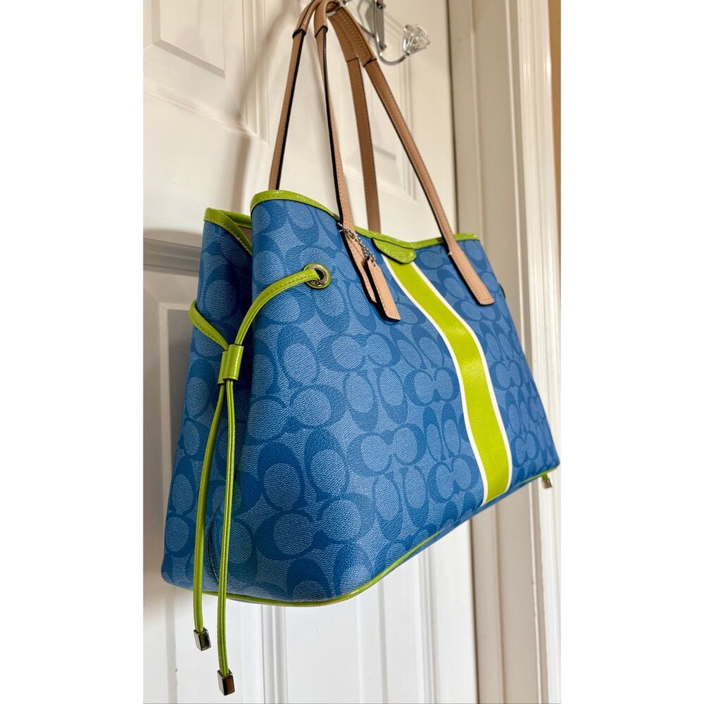COACH  - Signature Stripe Drawstring Carryall Bag in Blue w/Lime Green Trim - Picture 2 of 14
